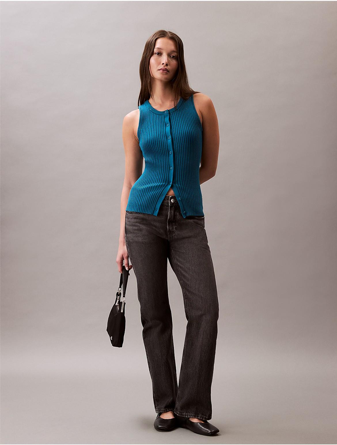 Calvin Klein Womens Smooth Cotton Rib Sweater Tank - Blue Product Image