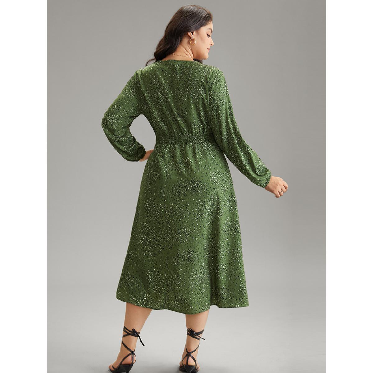 Plus Size Allover Print Shirred Pocket Contrast Trim Dress ArmyGreen Women Elegant Elastic cuffs V-neck Long Sleeve Curvy Midi Dress BloomChic 10/M Product Image