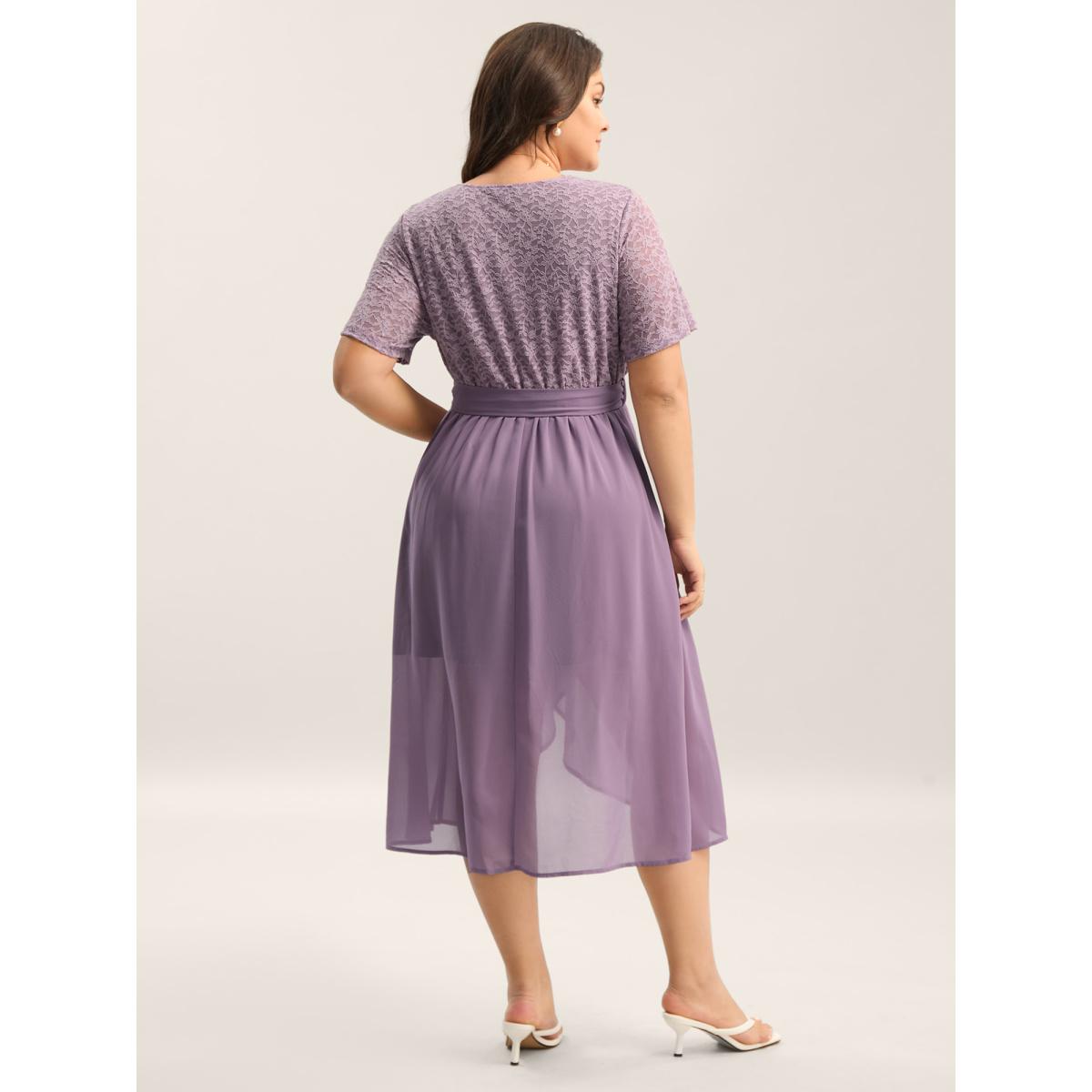 Plus Size Lace Sheer Stretchy Waist Tie Midi Dress Mauve Women Overlap Collar Short sleeve Curvy BloomChic 10/M Product Image