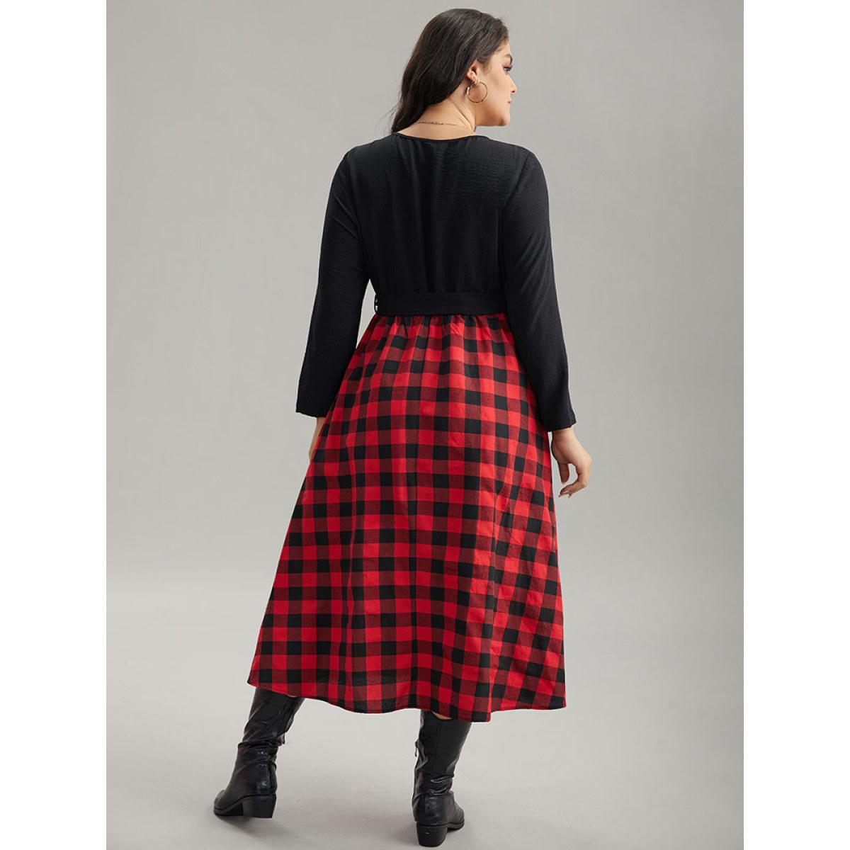 Plus Size Plaid Patchwork Contrast Round Neck Belted Dress Black Women Casual Belted Round Neck Long Sleeve Curvy Midi Dress BloomChic 28/5X Product Image