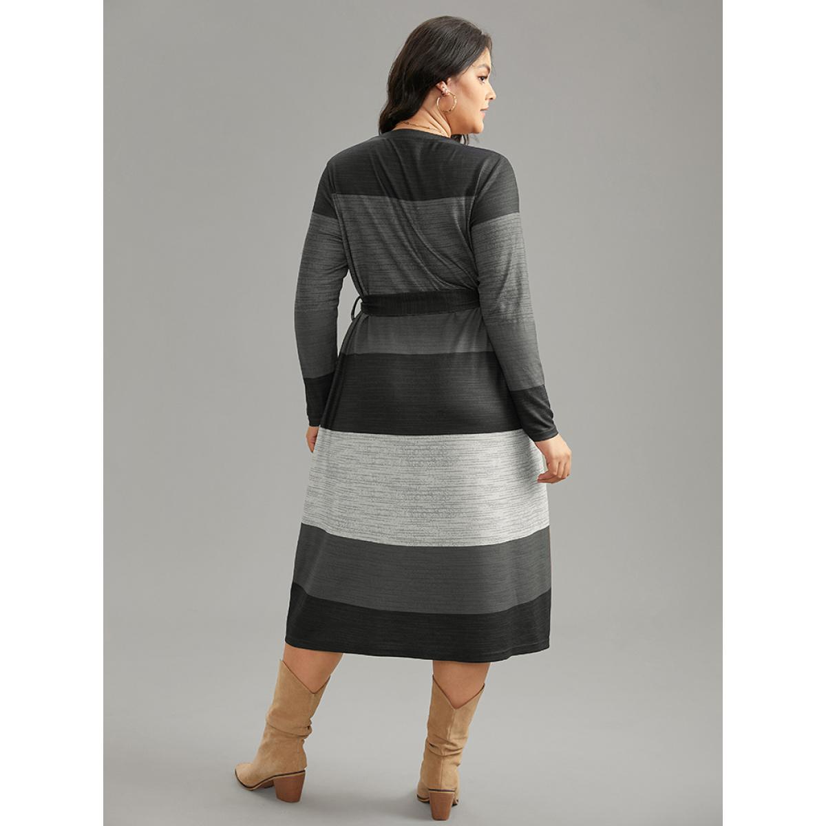 Plus Size Colorblock Contrast Heather Belted Dress Gray Women Casual Non Round Neck Long Sleeve Curvy Midi Dress BloomChic 28/5X Product Image
