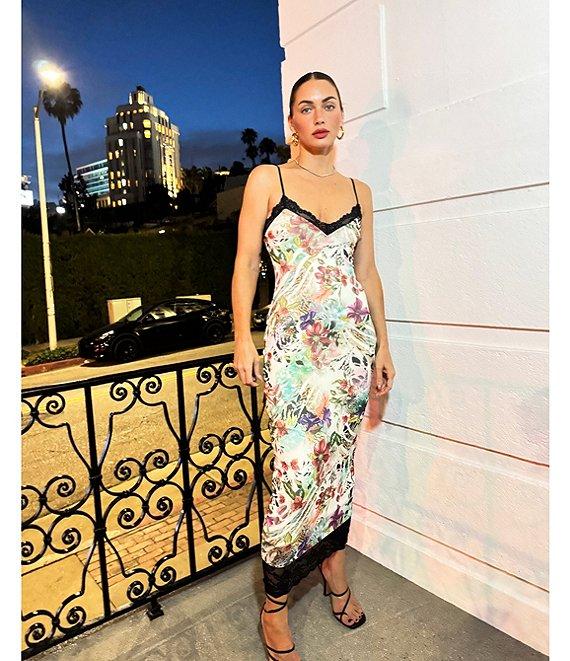 AFRM Nissa Floral Mesh V-Neck Sleeveless Spaghetti Strap Lace Trim Sheath Midi Dress Product Image