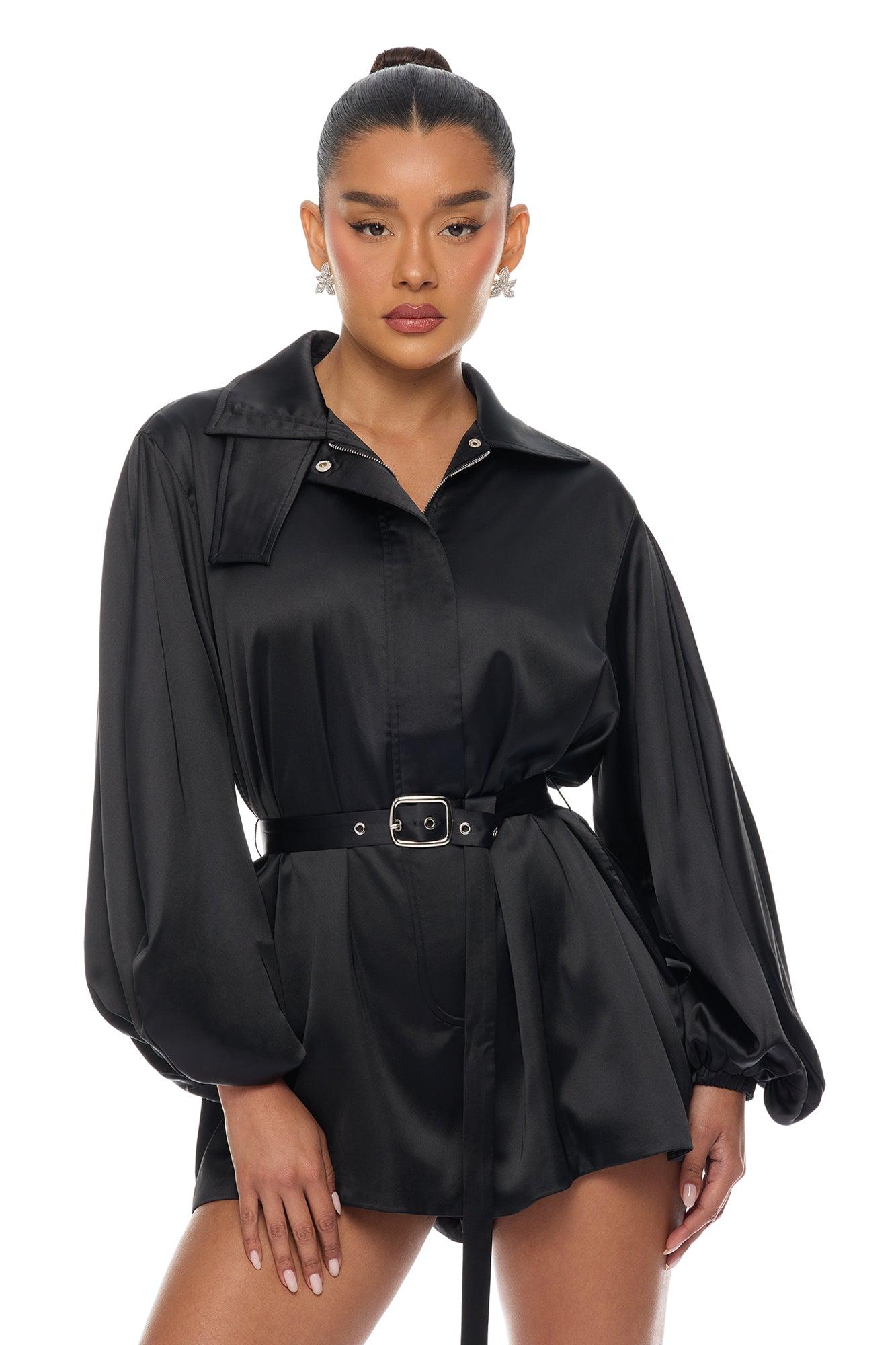 Izabel Balloon Sleeve Satin Romper - Black Female Product Image