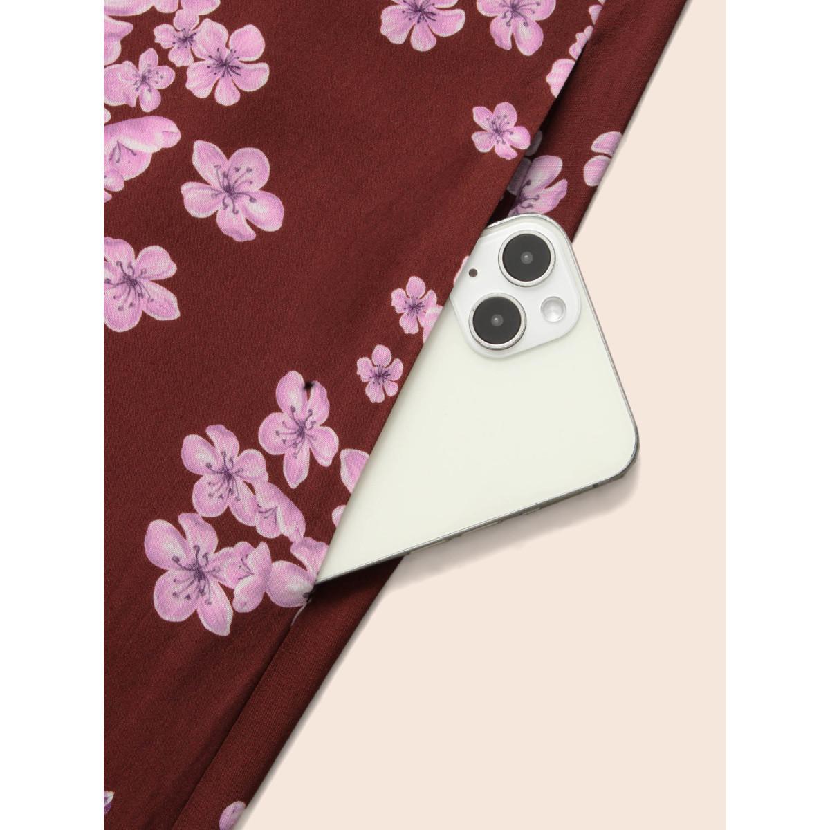 Plus Size Floral V Neck Gathered Midi Dress Burgundy Women Elegant Gathered V-neck Short sleeve Curvy BloomChic 28/5X Product Image