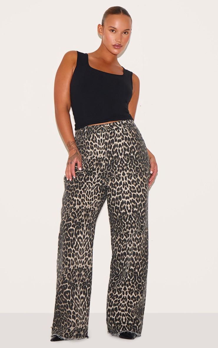 Plus Brown Leopard Print Denim Wide Leg Denim Jean Product Image