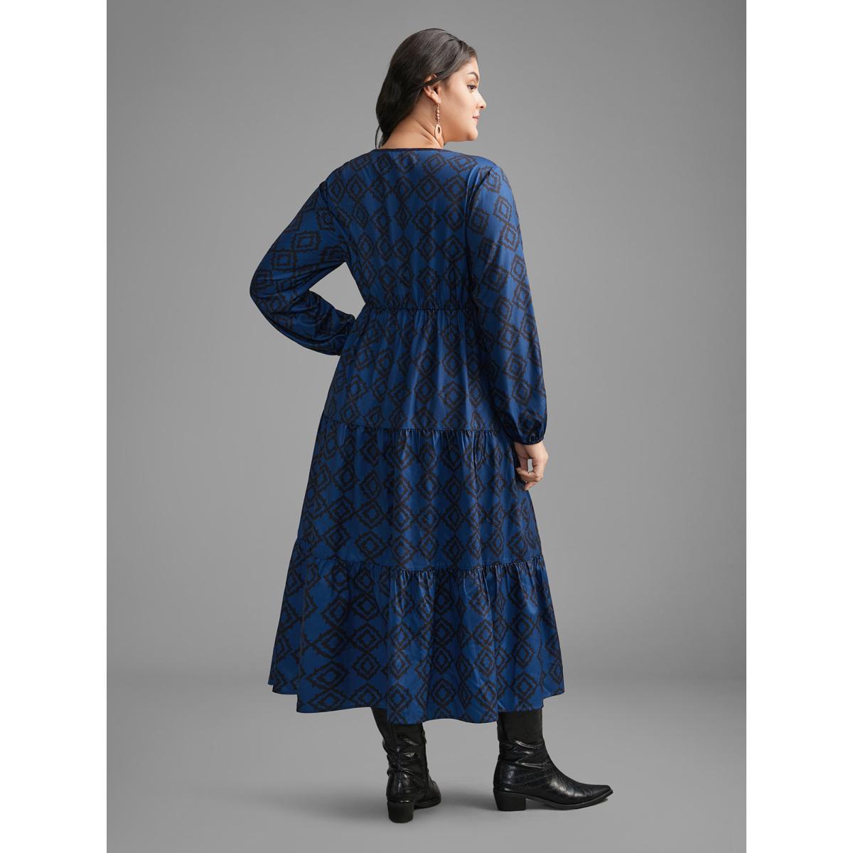 Plus Size Bandana Geometric Ruffle Layered Hem Dress Indigo Women Resort Non Round Neck Long Sleeve Curvy BloomChic 10/M Product Image