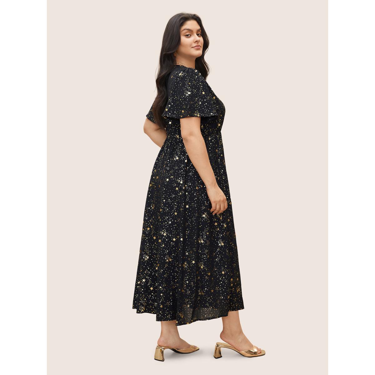 Moon and Star Galaxy Print Plus Size Dress Women Party Pocket Ruffle Sleeve Short Sleeve V Neck Pocket Going out Long Dress BloomChic Product Image