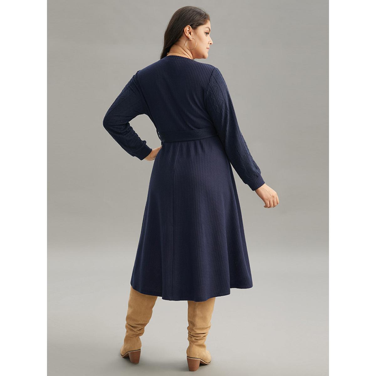 Plus Size Solid Waffle Knit Round Neck Belted Dress DarkBlue Women Casual Texture Round Neck Long Sleeve Curvy Midi Dress BloomChic 30/6X Product Image