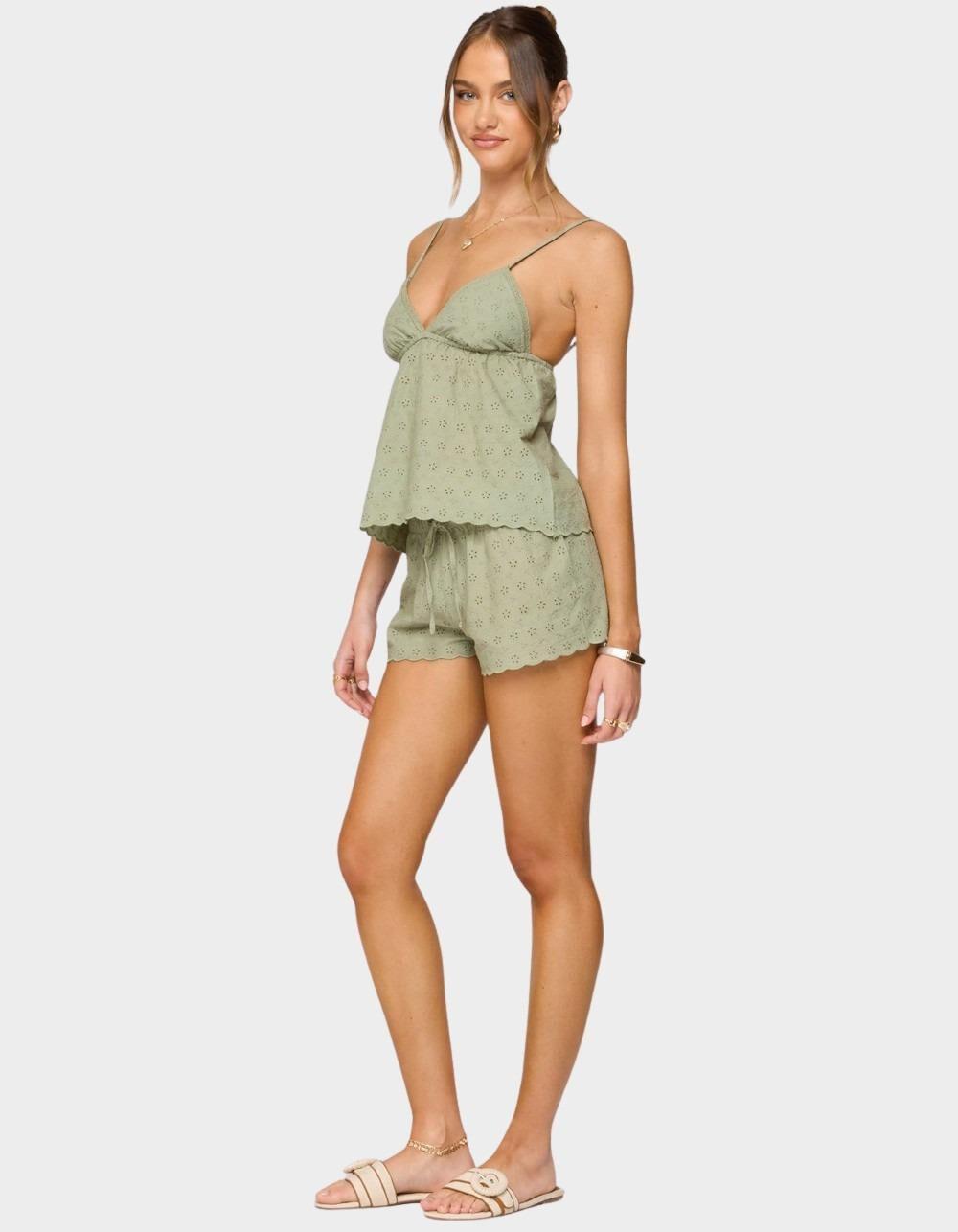 EDIKTED Talula Eyelet Shorts - DK GREEN Product Image