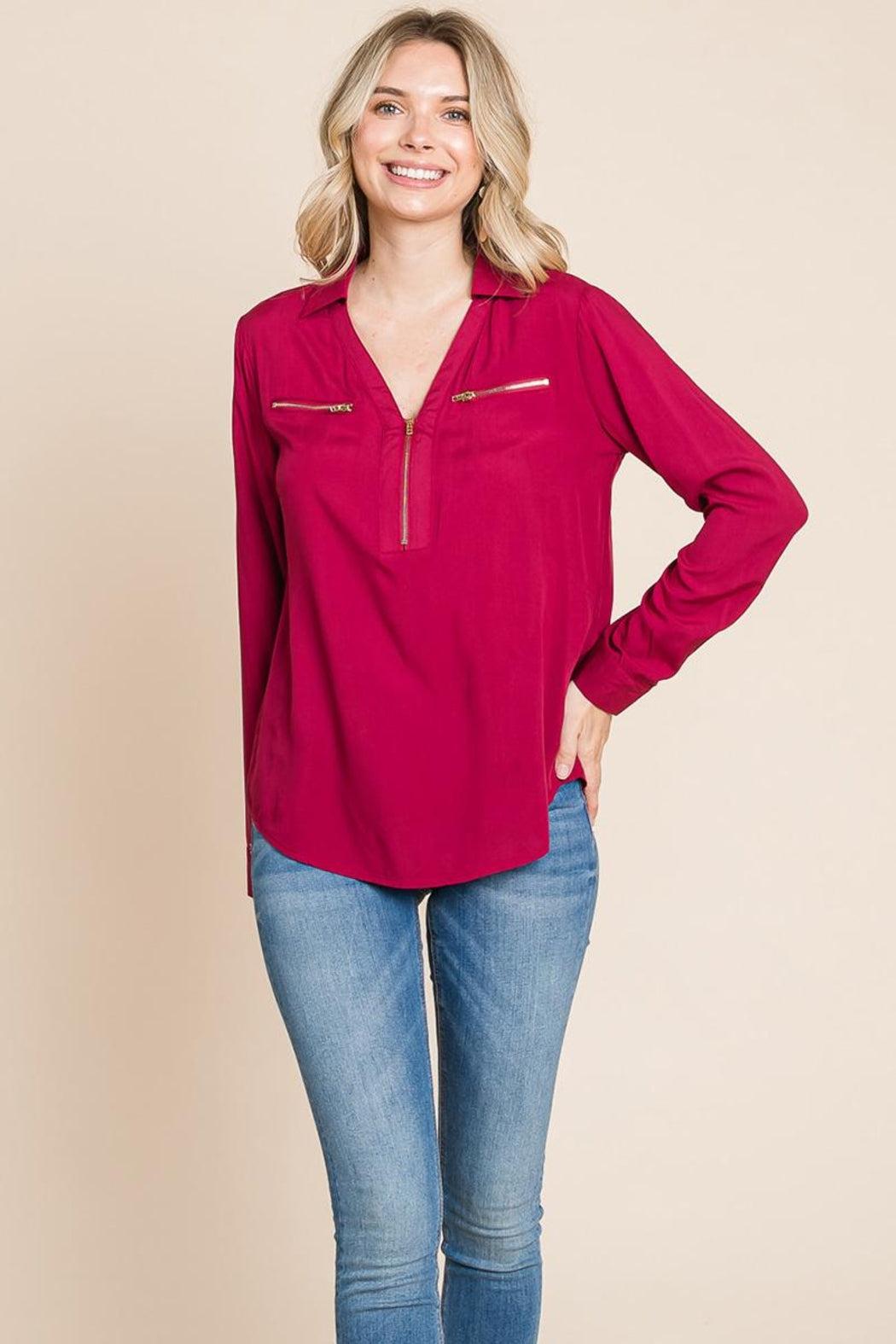 V Neck Front Zip Up Long Sleeve Top Product Image