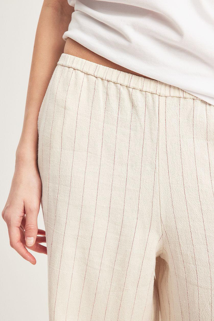 Elastic Mid Waist Linen Blend Pants Beige Product Image