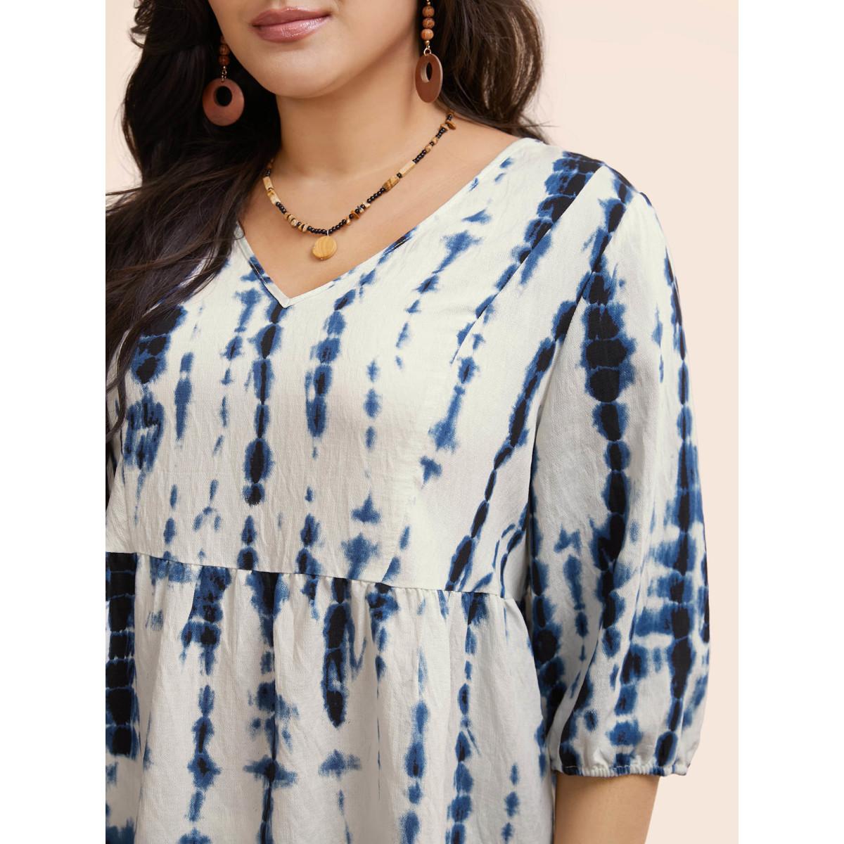 Plus Size Navy Tie Dye V Neck Gathered Blouse Women Resort Elbow-length sleeve V-neck Vacation Blouses BloomChic 26/4X Product Image