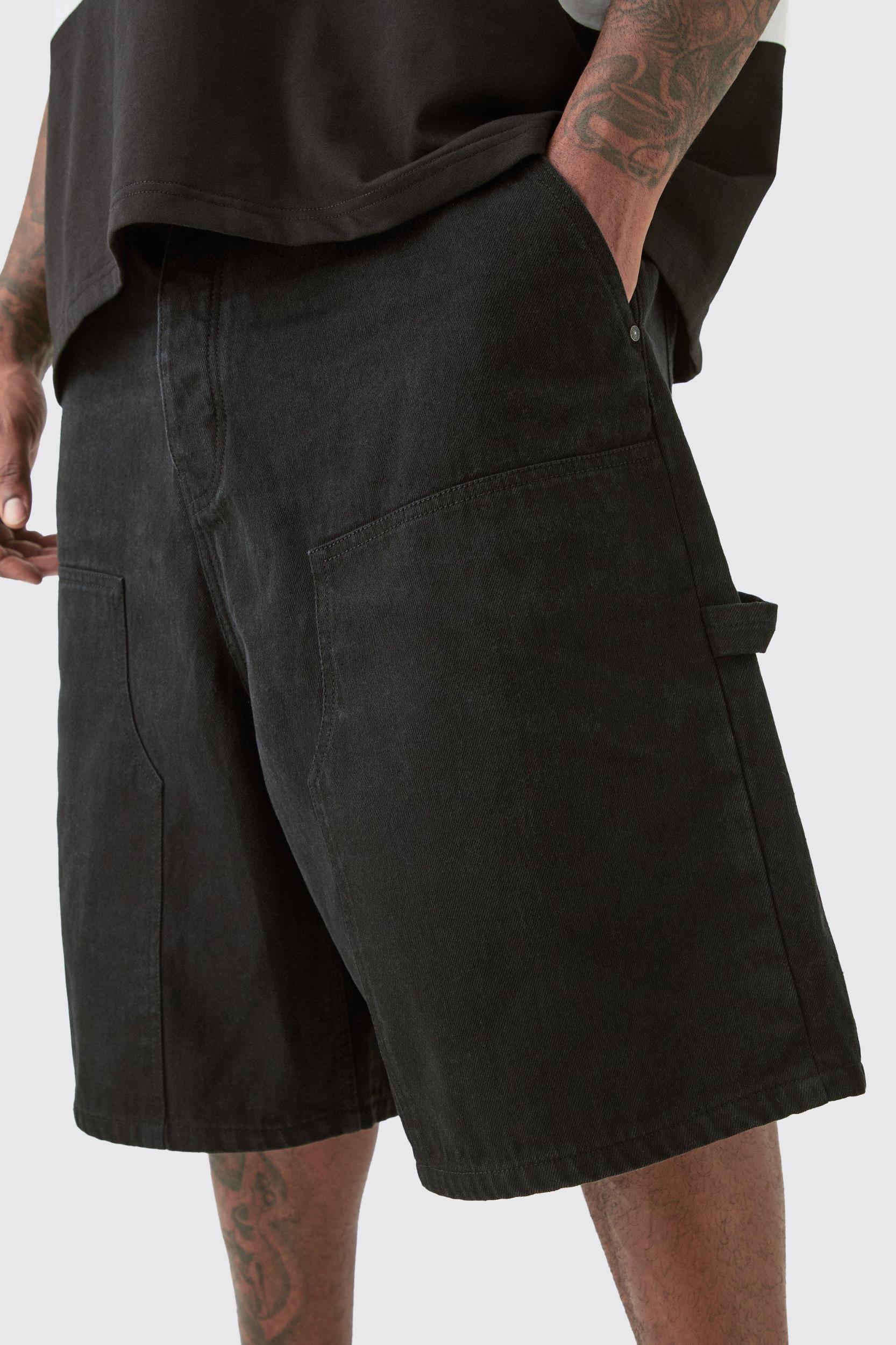 Plus Carpenter Detail Denim Jorts In Black | boohooMAN USA Product Image