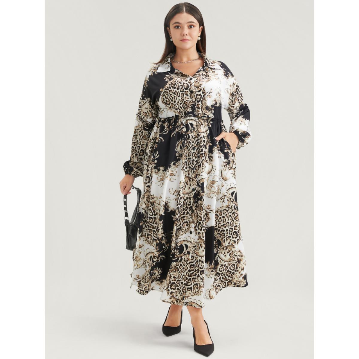 Plus Size Leopard Pocket Button Detail Lantern Sleeve Split Dress Black Women Office Pocket Shirt collar Long Sleeve Curvy Long Dress BloomChic 14-16/1X Product Image