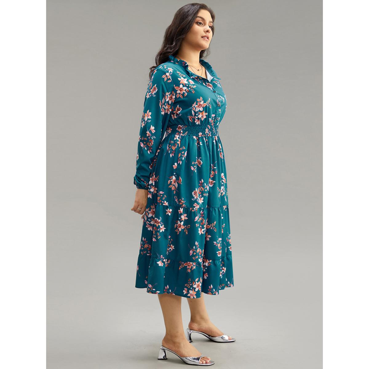 Plus Size Floral Shirred Button Up Frill Trim Dress Aegean Women At the Office Elastic cuffs Stand-up collar Long Sleeve Curvy Midi Dress BloomChic 30/6X Product Image