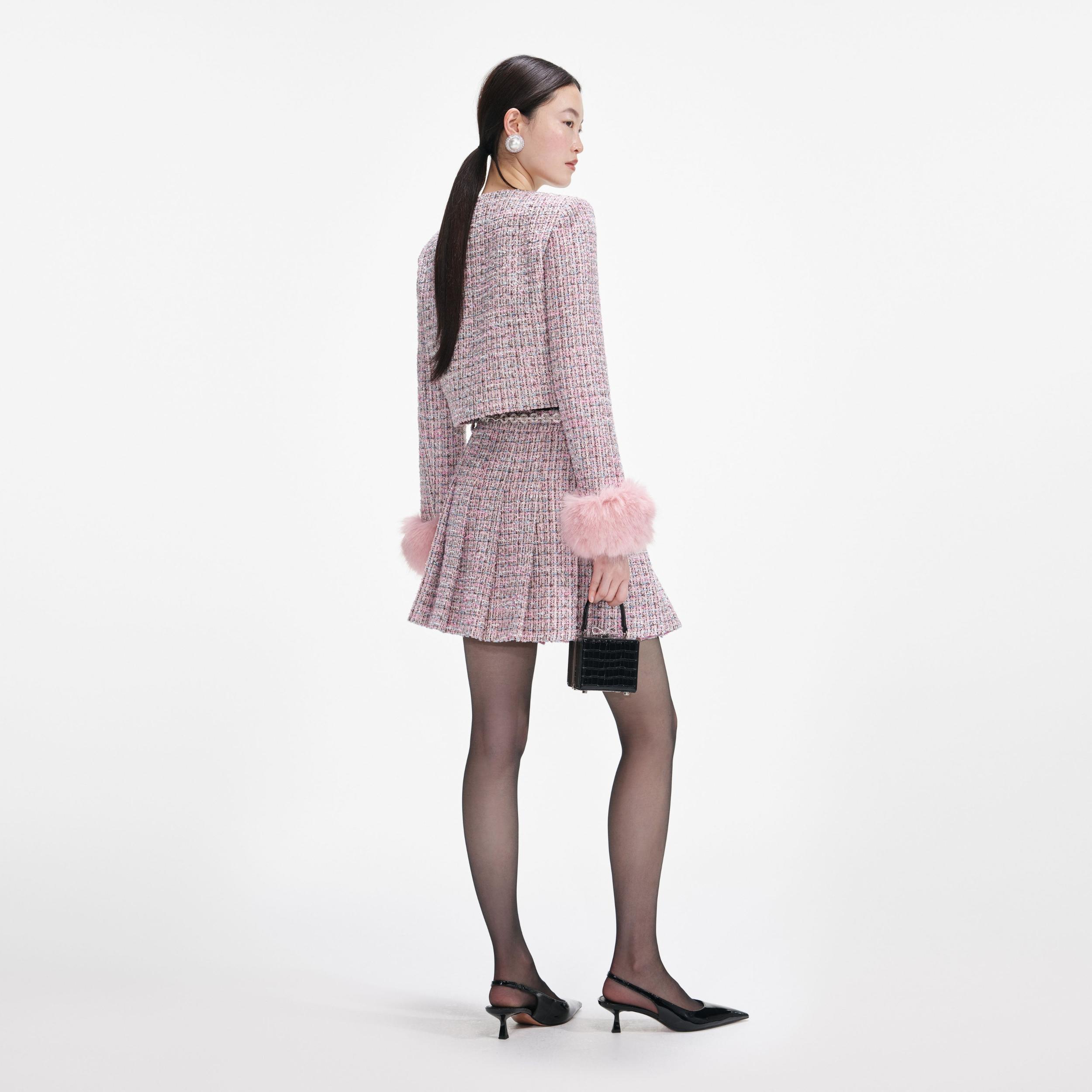 Pink Boucle Fur Cuff Jacket Product Image