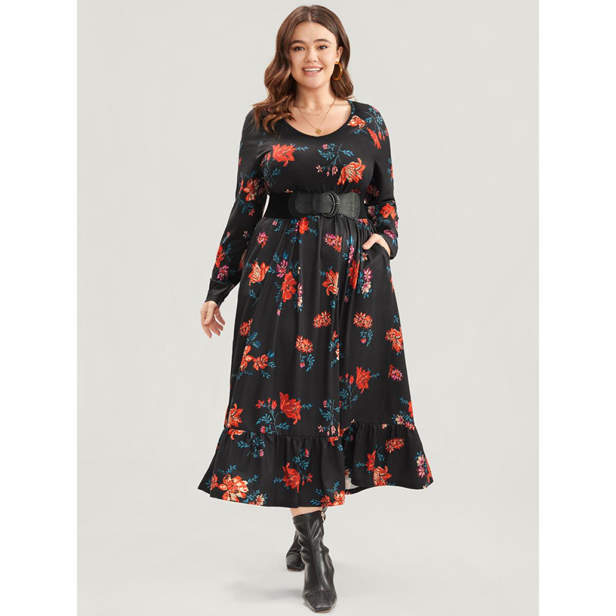 Plus Size Floral Print V Neck Pocket Flutter Hem Dress Without Belt Multicolor Women Elegant Pocket V-neck Long Sleeve Curvy Midi Dress BloomChic 18-20/2X Product Image