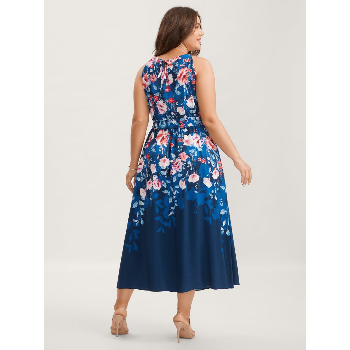 Plus Size Floral Stretchy-Waist Belted Midi Dress Indigo Women Round Neck Sleeveless Curvy BloomChic 28/5X Product Image