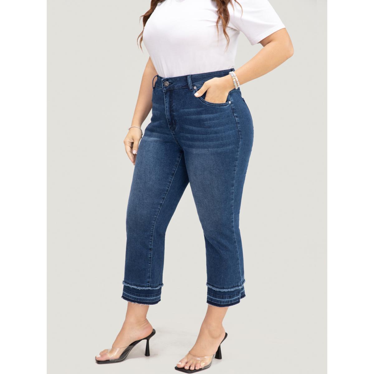 Plus Size Bootcut Very Stretchy High Rise Dark Wash Fringe Detail Jeans Women DarkBlue Casual Plain High stretch Slanted pocket Jeans BloomChic 18/2X Product Image
