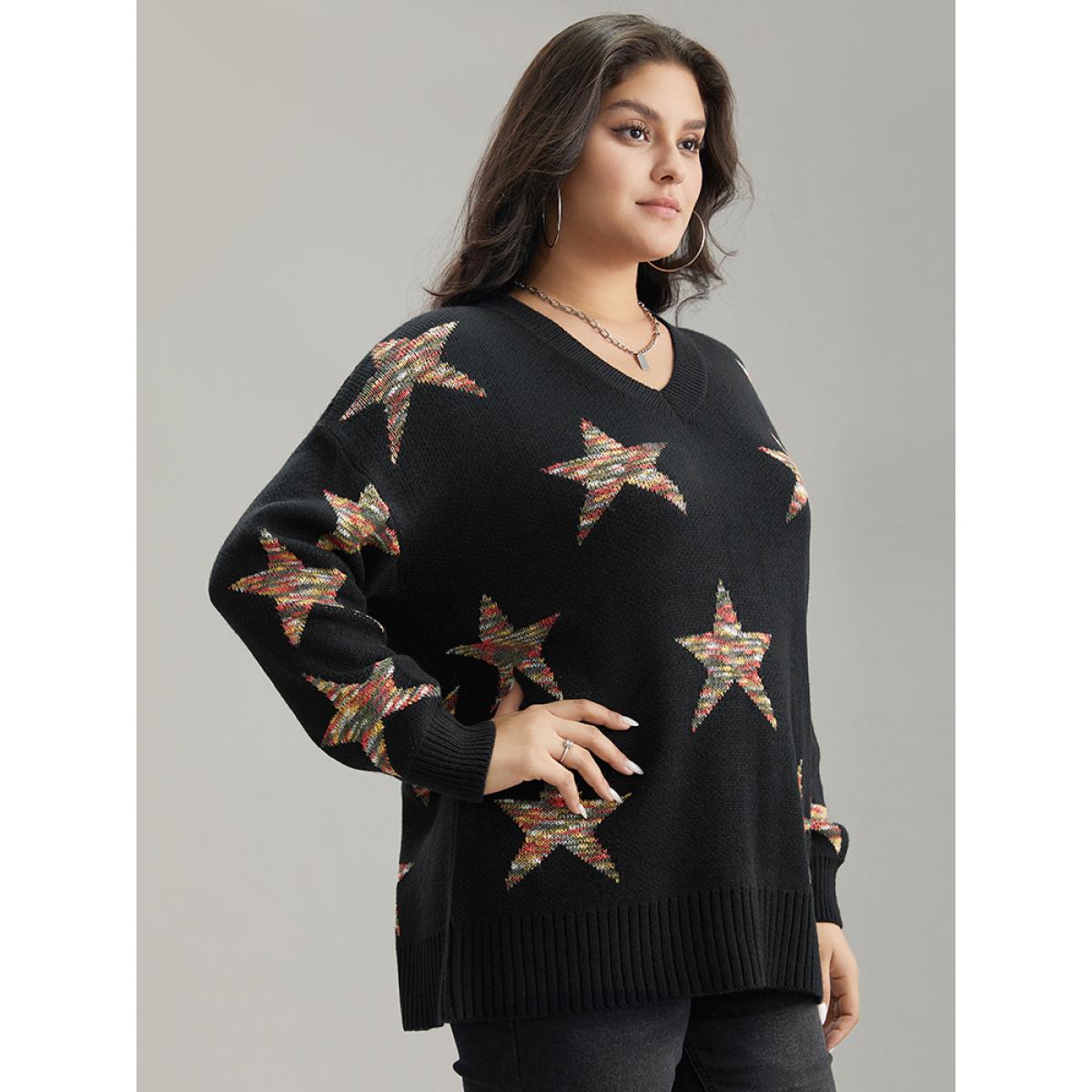 Plus Size Star Heather Elastic Cuffs Pullover Black Women Casual Loose Long Sleeve V-neck Dailywear Pullovers BloomChic 22-24/3X Product Image