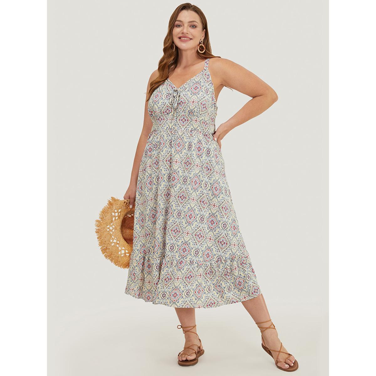 Plus Size Bandana Knotted Pocket Ruffle Hem Empire Waist Cami Dress Apricot Women Vacation Adjustable Straps V-neck Sleeveless Curvy Midi Dress BloomChic 30/6X Product Image