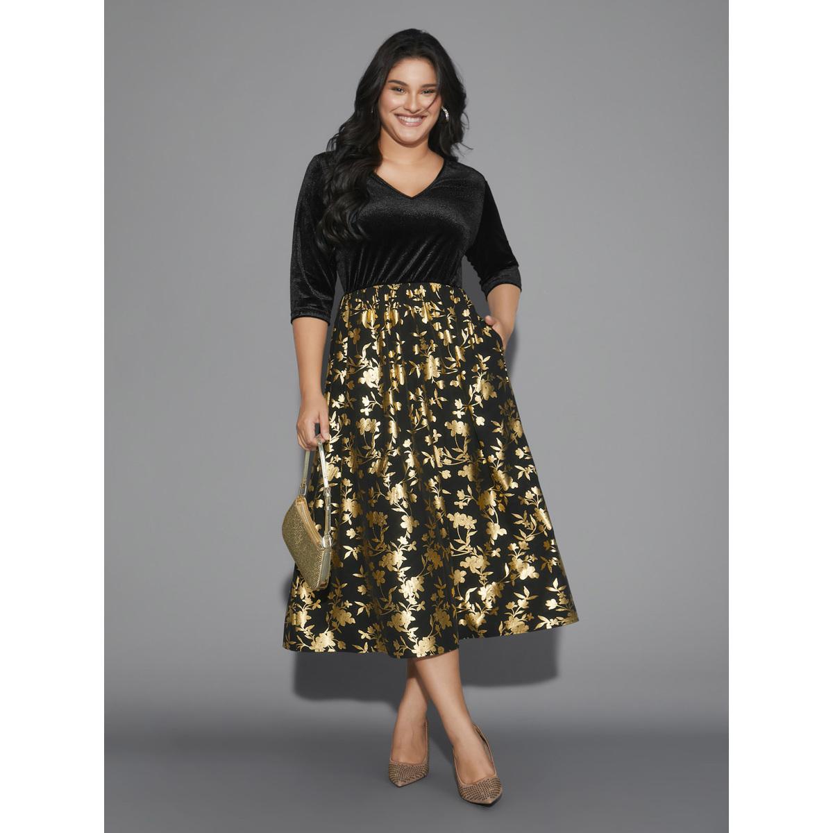 Plus Size Glitter Floral Patchwork Velvet Midi Dress Black Women Cocktail Texture Party Curvy Bloomchic 14-16/1X Product Image