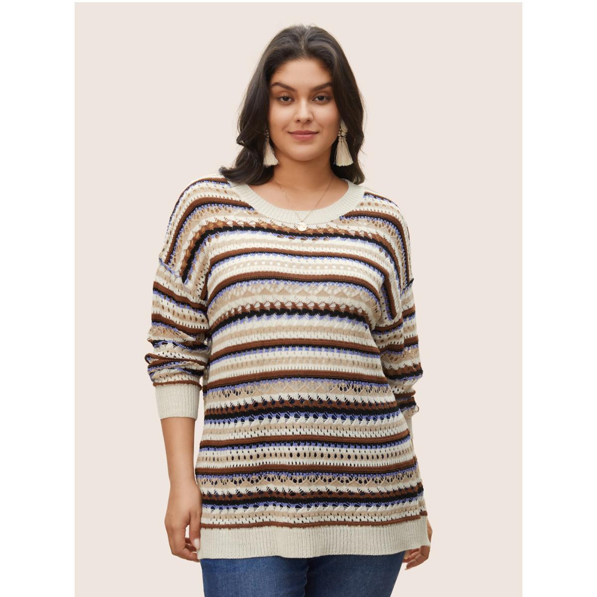 Plus Size Striped Contrast Drop Shoulder Hollow Out Pullover Beige Women Casual Long Sleeve Round Neck Everyday Pullovers BloomChic 22-24/3X Product Image