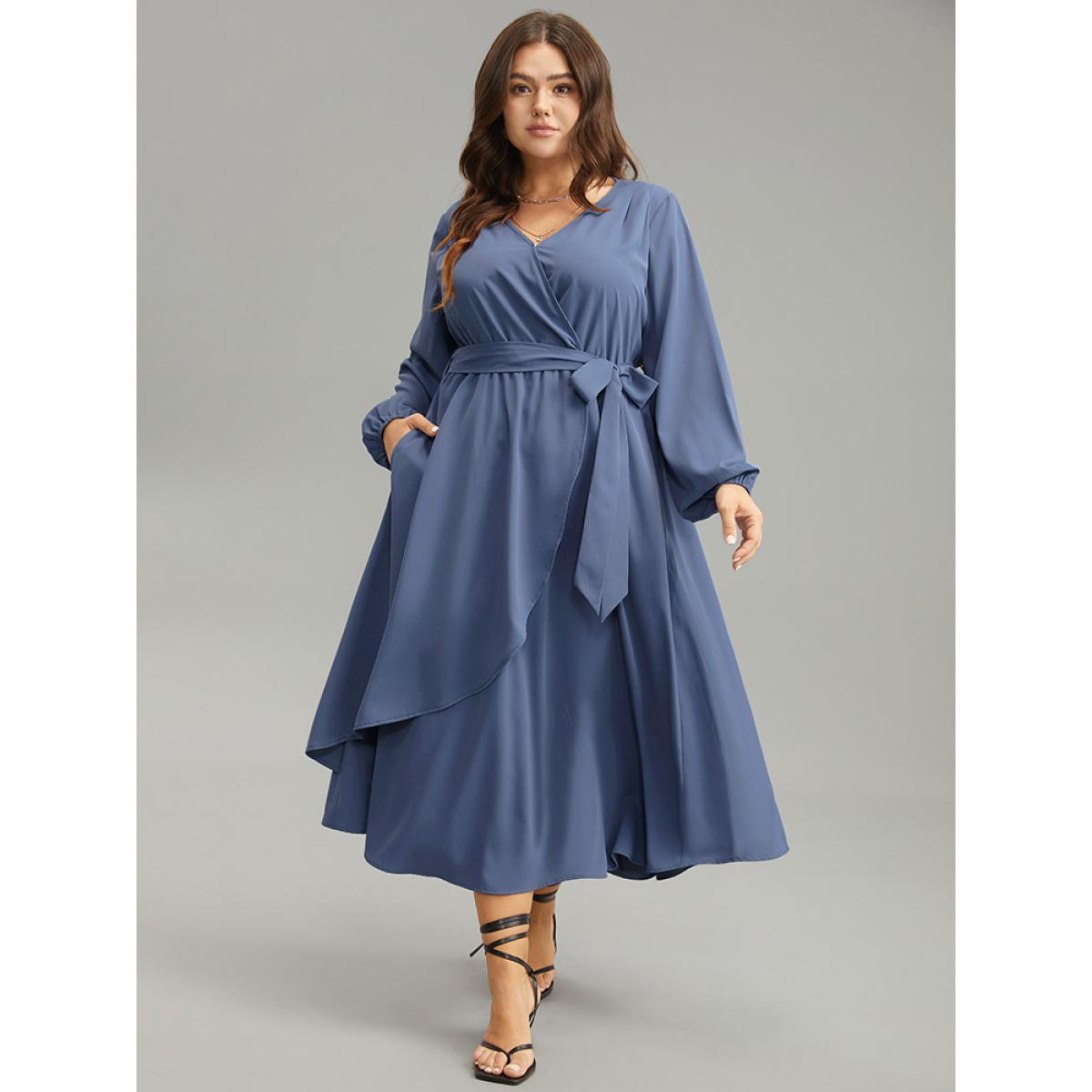 Plus Size Anti-Wrinkle Wrap Layered Belted Dress Stone Women Elegant Plain V-neck Long Sleeve Curvy Midi Dress BloomChic 10/M Product Image