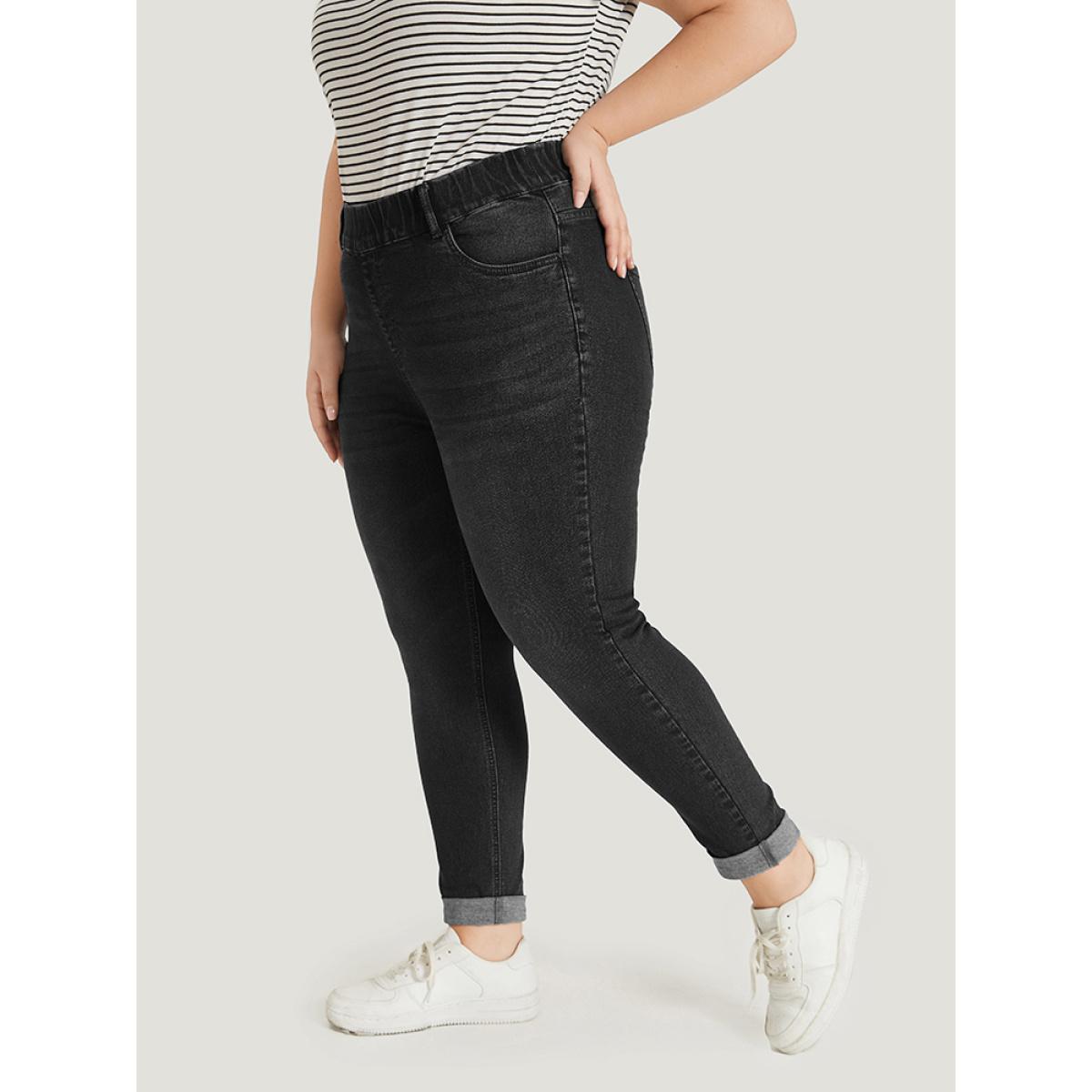 Plus Size Plain Elastic Waist Medium Wash Roll Hem Jeans Women Black Casual Plain Plain High stretch Pocket Jeans BloomChic 26/4X Product Image