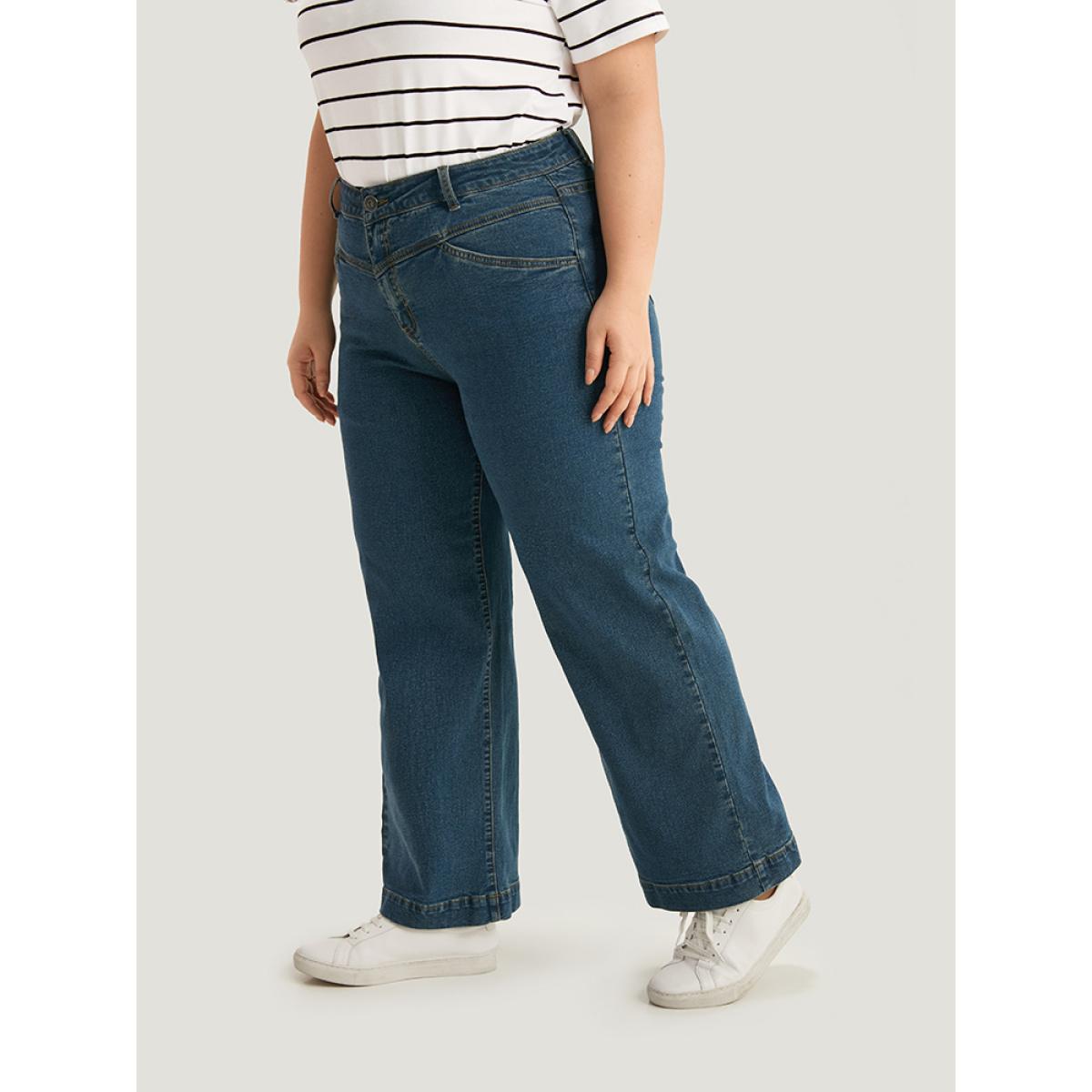 Plus Size Solid Patchwork Wide Leg Medium Wash Jeans Women Cerulean Casual Plain Plain High stretch Pocket Jeans BloomChic 14/1X Product Image