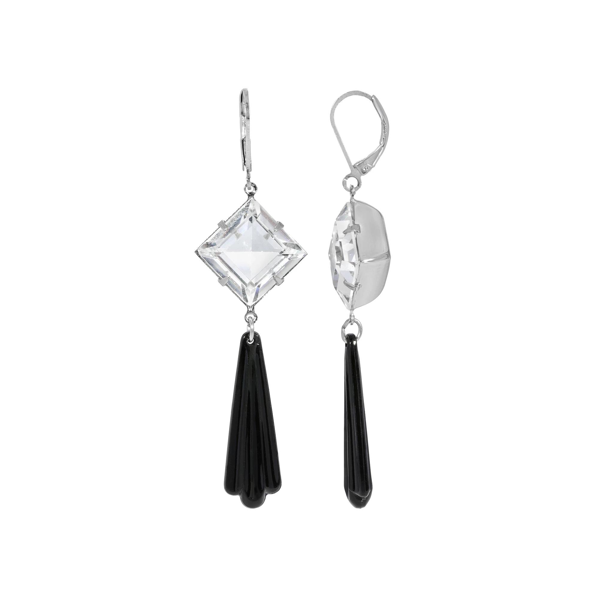 1928 Silver Tone Crystal & Black Beaded Stone Drop Earrings, Women's Product Image