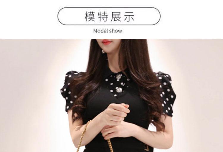 Set: Short-Sleeve Collared Dotted Button Up Blouse + V-Neck Plain Straight Leg Jumpsuit Product Image