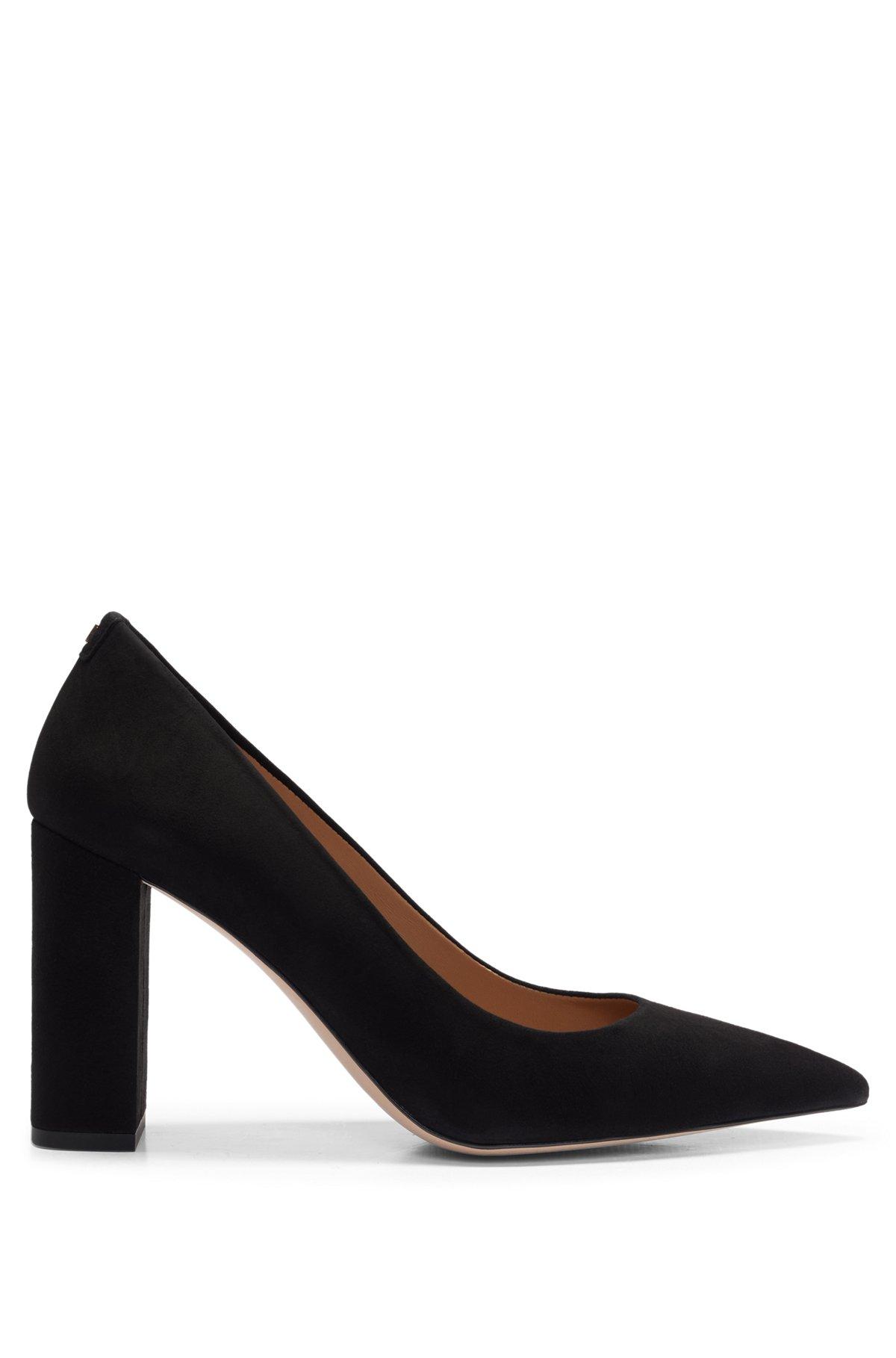 BOSS - Block-heel pumps in suede with pointed toe - Black Product Image