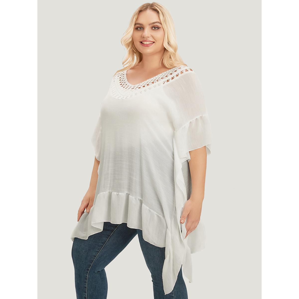 Plus Size Solid Ruffle Trim Dolman Sleeve Lace Asymmetrical Hem Knit Top White Women Elegant Short sleeve V-neck Dailywear Pullovers BloomChic 18-20/2X Product Image