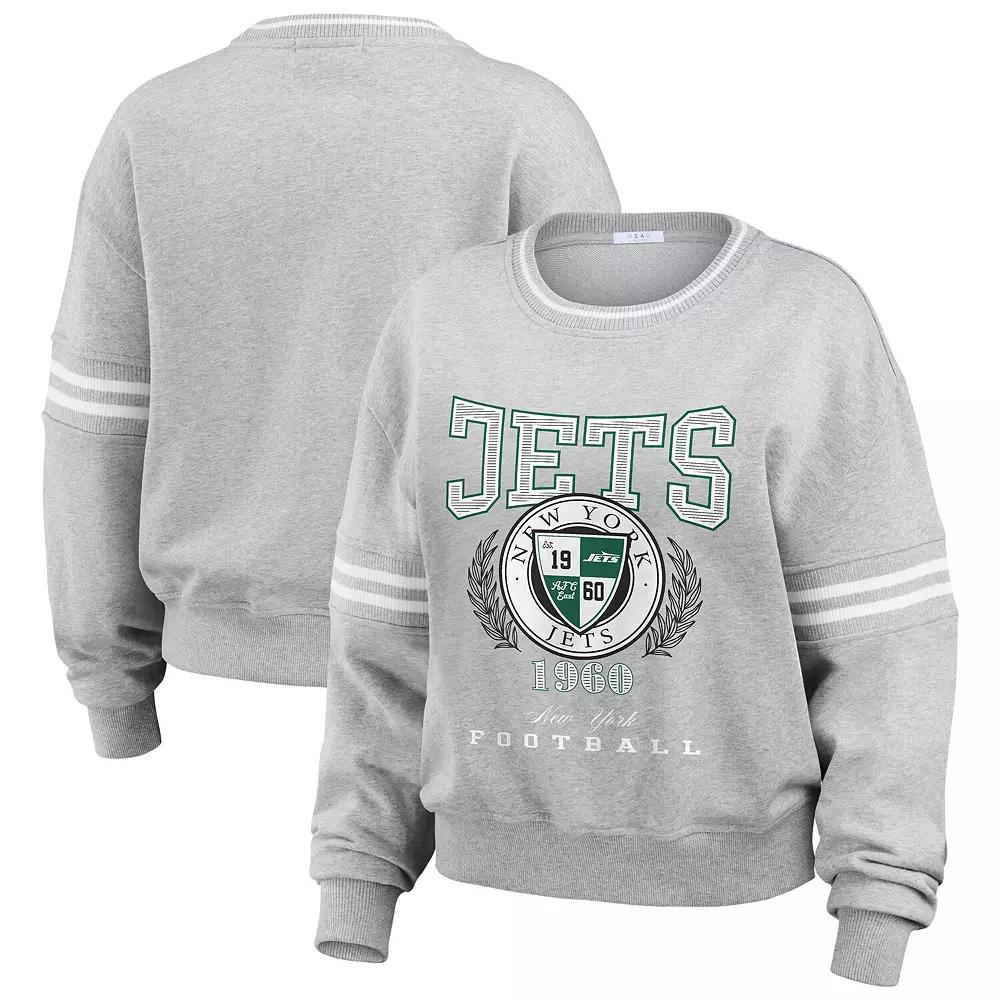 Women's WEAR by Erin Andrews Heather Gray New York Jets Crest Cropped Pullover Sweatshirt, Size: XL, Grey Product Image