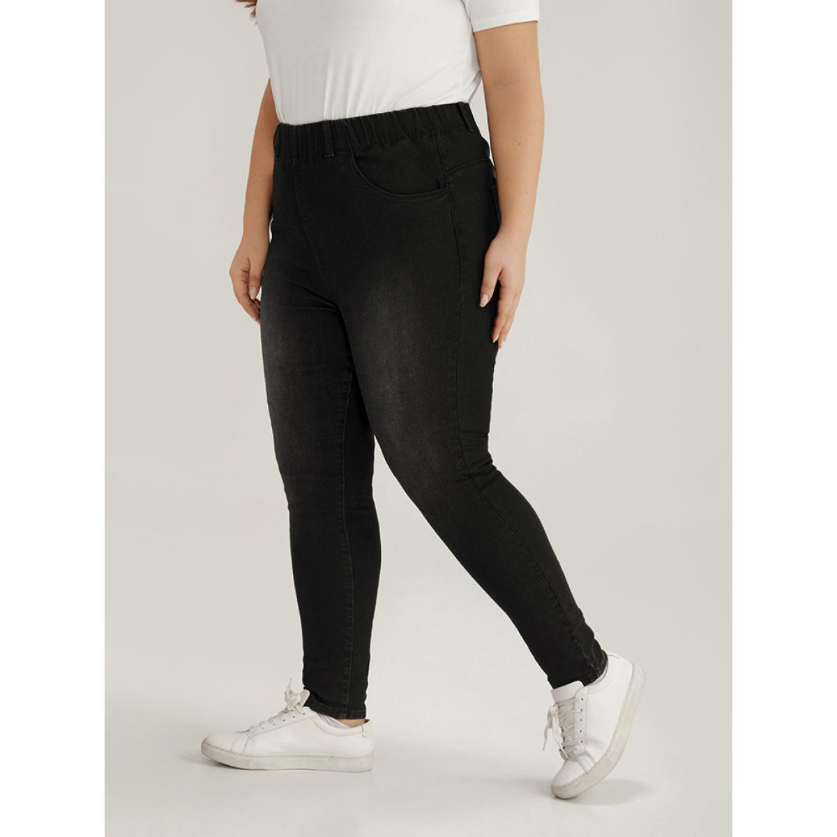 Plus Size Elastic Waist High Rise Skinny Jeans Women DarkBlue Casual Plain Non High stretch Slanted pocket Jeans BloomChic 28/5X Product Image