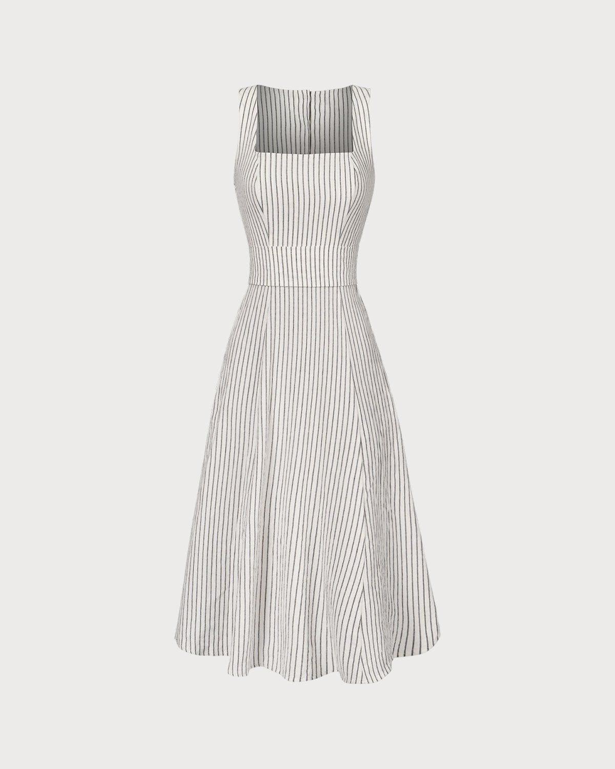 The White Square Neck Striped Midi Dress Product Image