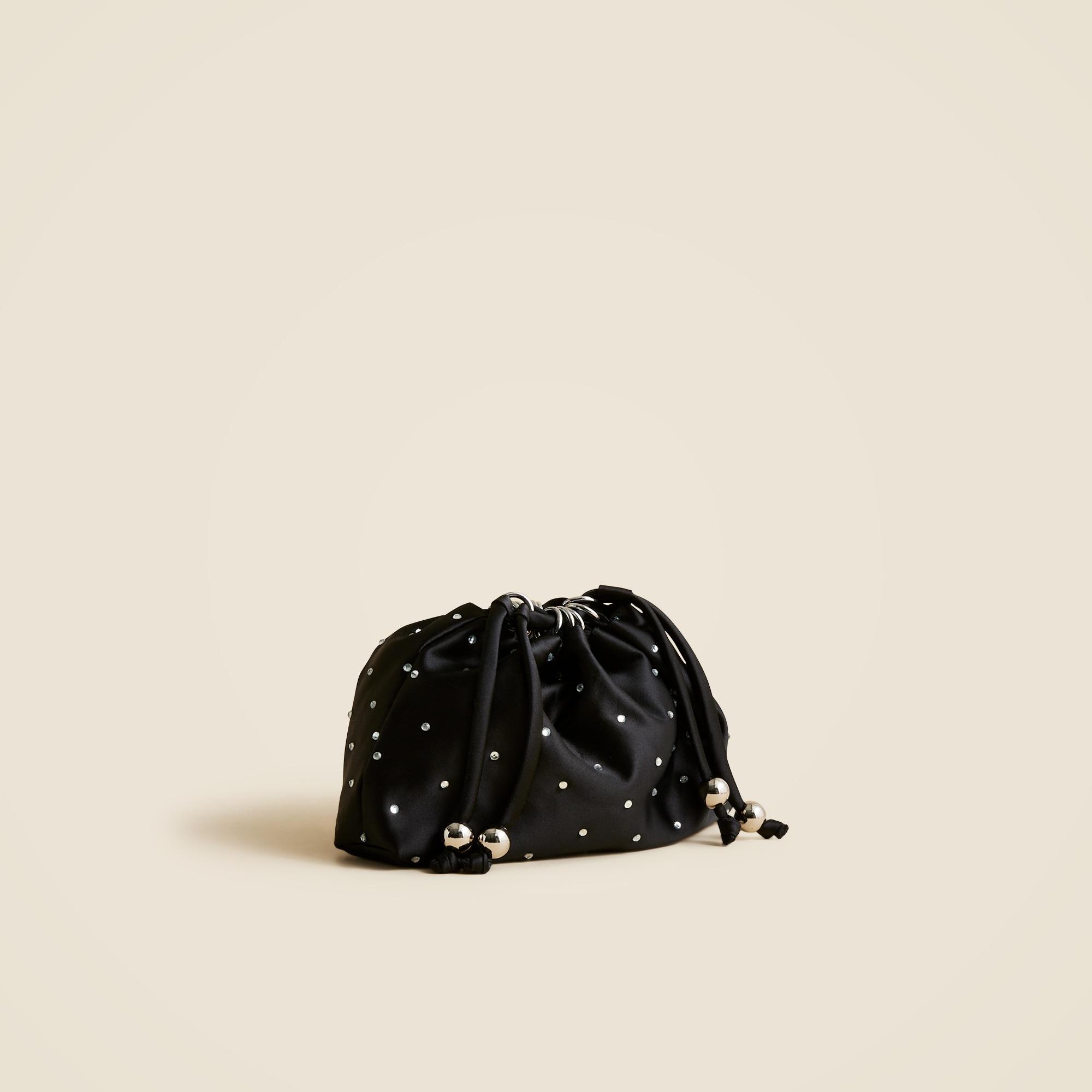 Drawstring pouch bag in crystal-embellished satin Product Image