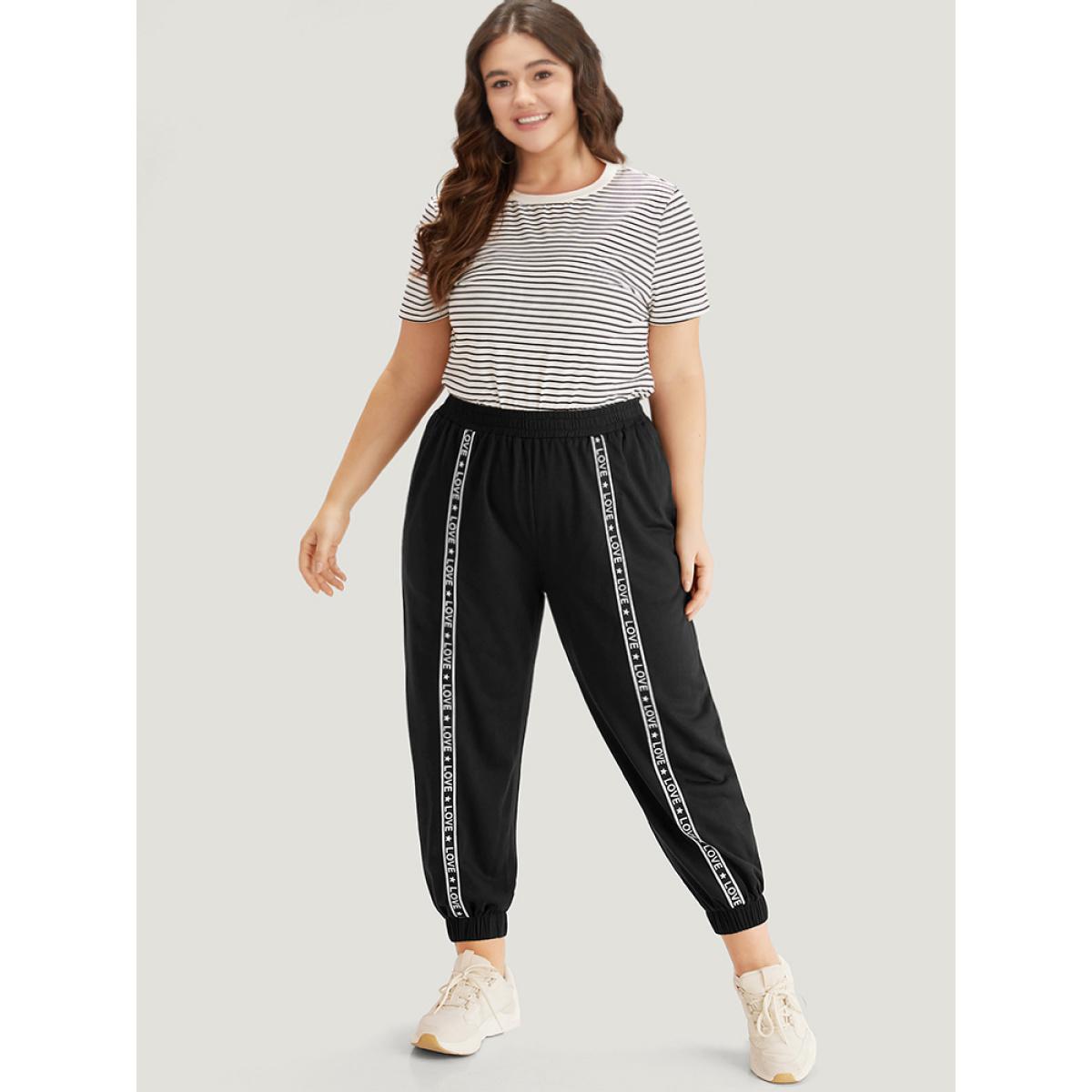 Plain Pocket Contrast Webbing Sweatpants Black Plus Size Women Casual Dailywear Plain 14-16/1X Bloomchic Product Image