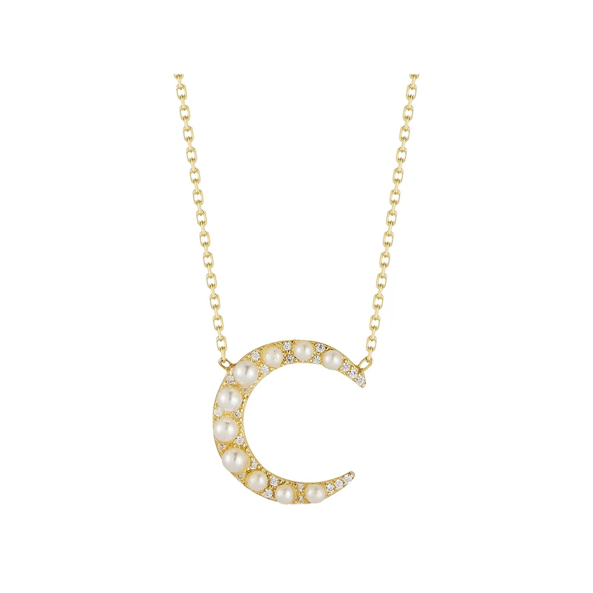 Sunkissed Sterling 14k Gold Over Silver Cubic Zirconia & Freshwater Cultured Pearl Moon Pendant Necklace, Womens Gold Tone Product Image