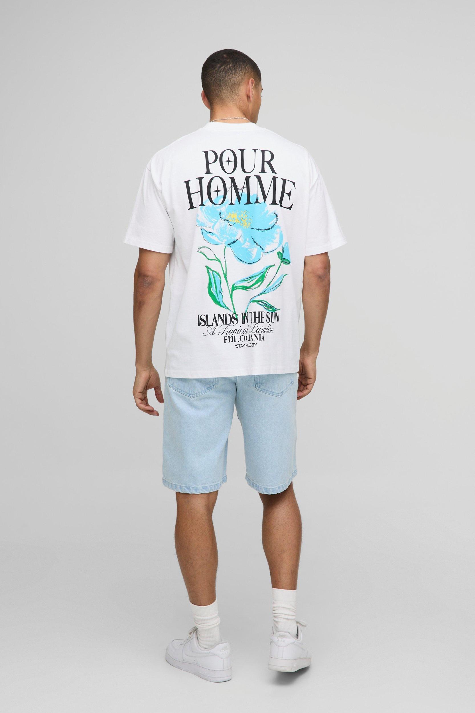 White Oversized Extended Neck Pour Homme Floral T-Shirt | boohooMAN USA Product Image