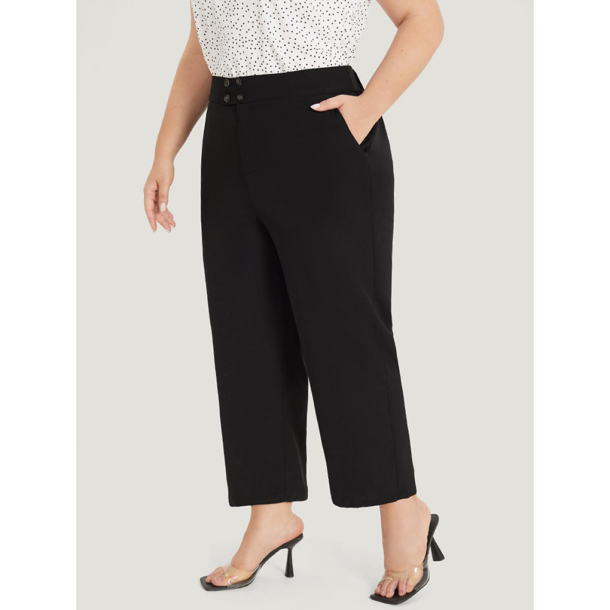 Plus Size Supersoft Essentials Solid Pocket Button Through Pants Women Black Elegant Straight Leg High Rise Dailywear Pants BloomChic 28/5X Product Image