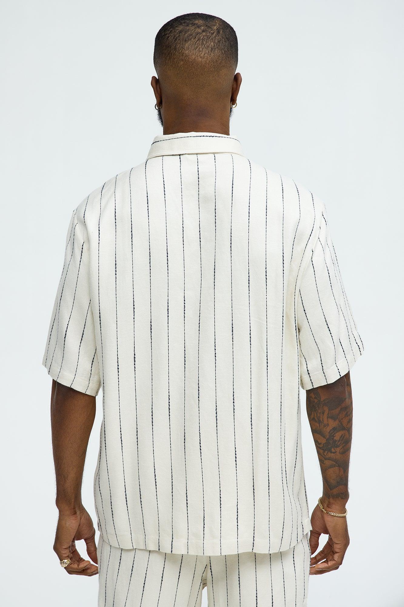 Slub Striped Linen Short Sleeve Button Up - Cream/combo Product Image
