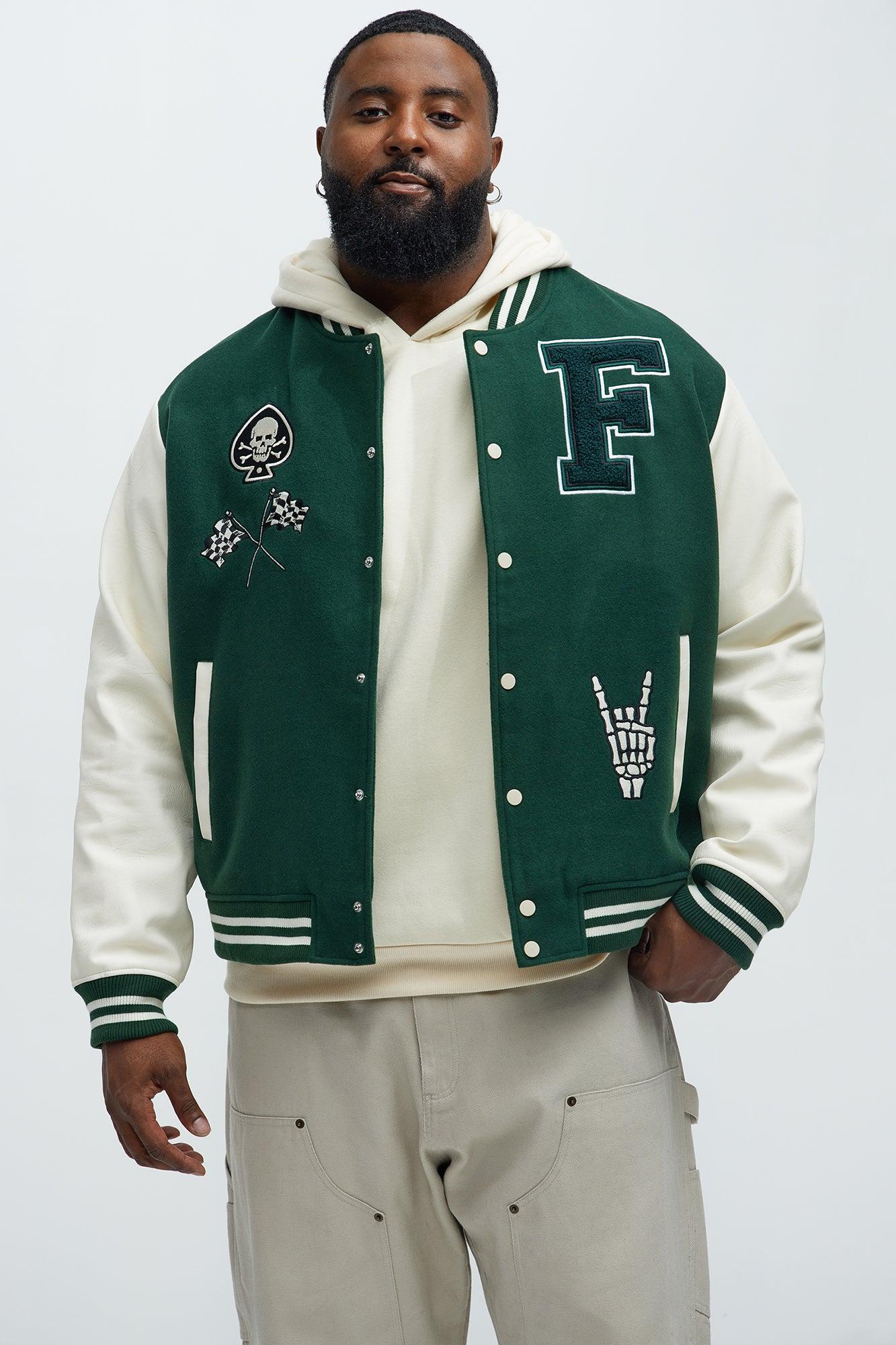 Biker Faux Leather Varsity Jacket - Green/combo Product Image