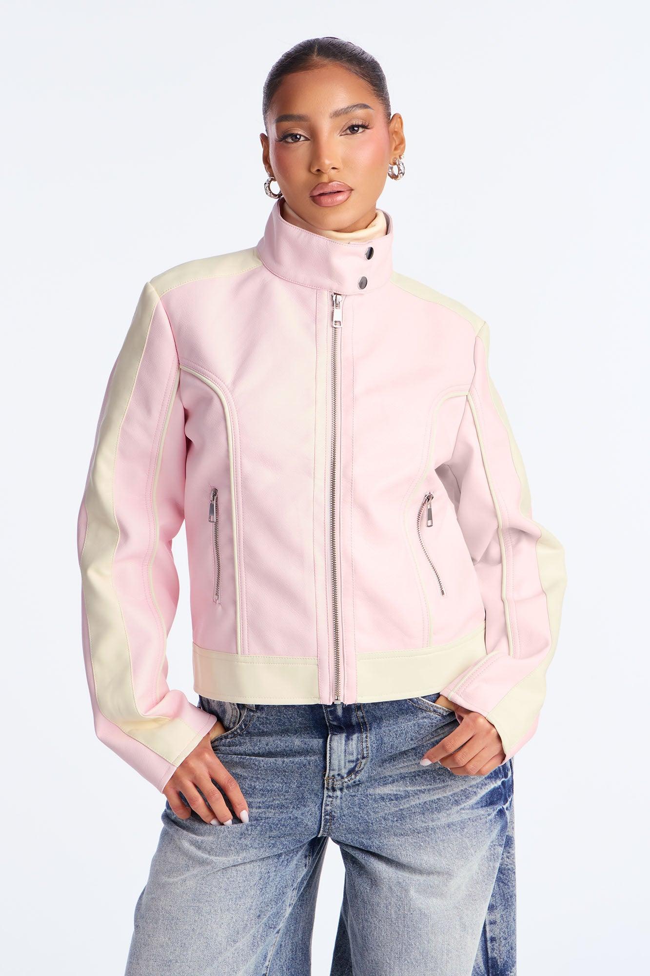 Makayla Faux Leather Moto Jacket - Pink/combo Female Product Image