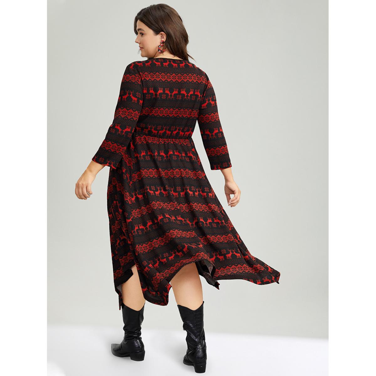 Plus Size Christmas Elk Elastic Waist Hanky Hem Dress Scarlet Women Casual Printed Round Neck Elbow-length sleeve Curvy Midi Dress BloomChic 18-20/2X Product Image