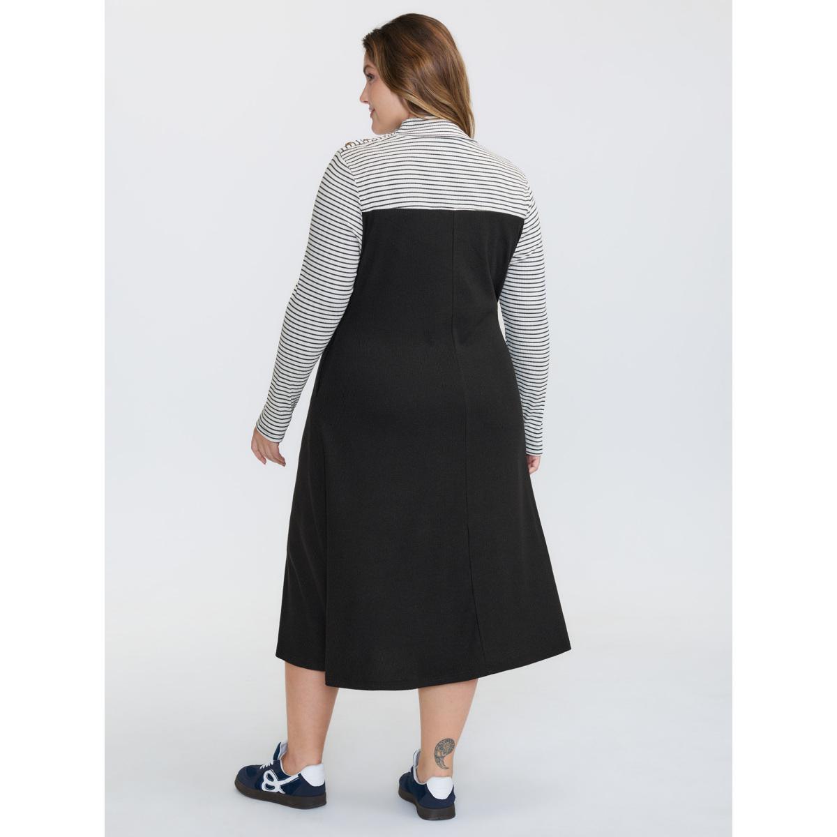 Plus Size Layered Keep it Casual Stripe Midi Dress Black Women Leisure Texture Turtleneck Extra Long Sleeve Curvy BloomChic 30/6X Product Image