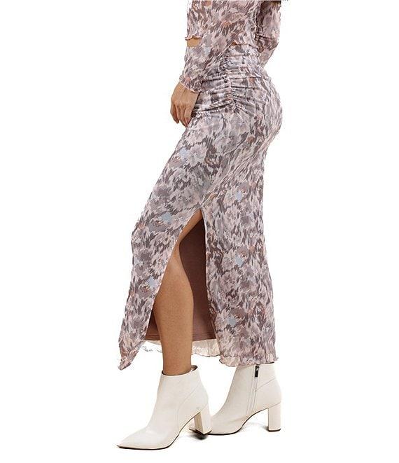 Sage The Label Mesh Abstract Print Side Ruched Pull-On Midi Skirt Product Image