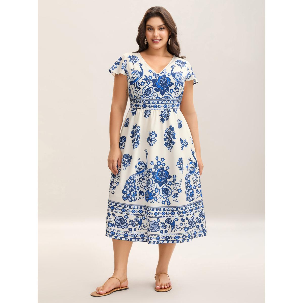 Plus Size Boho Print V-Neck Pockets Midi Dress Mediumblue Women V-neck Short sleeve Curvy BloomChic 30/6X Product Image