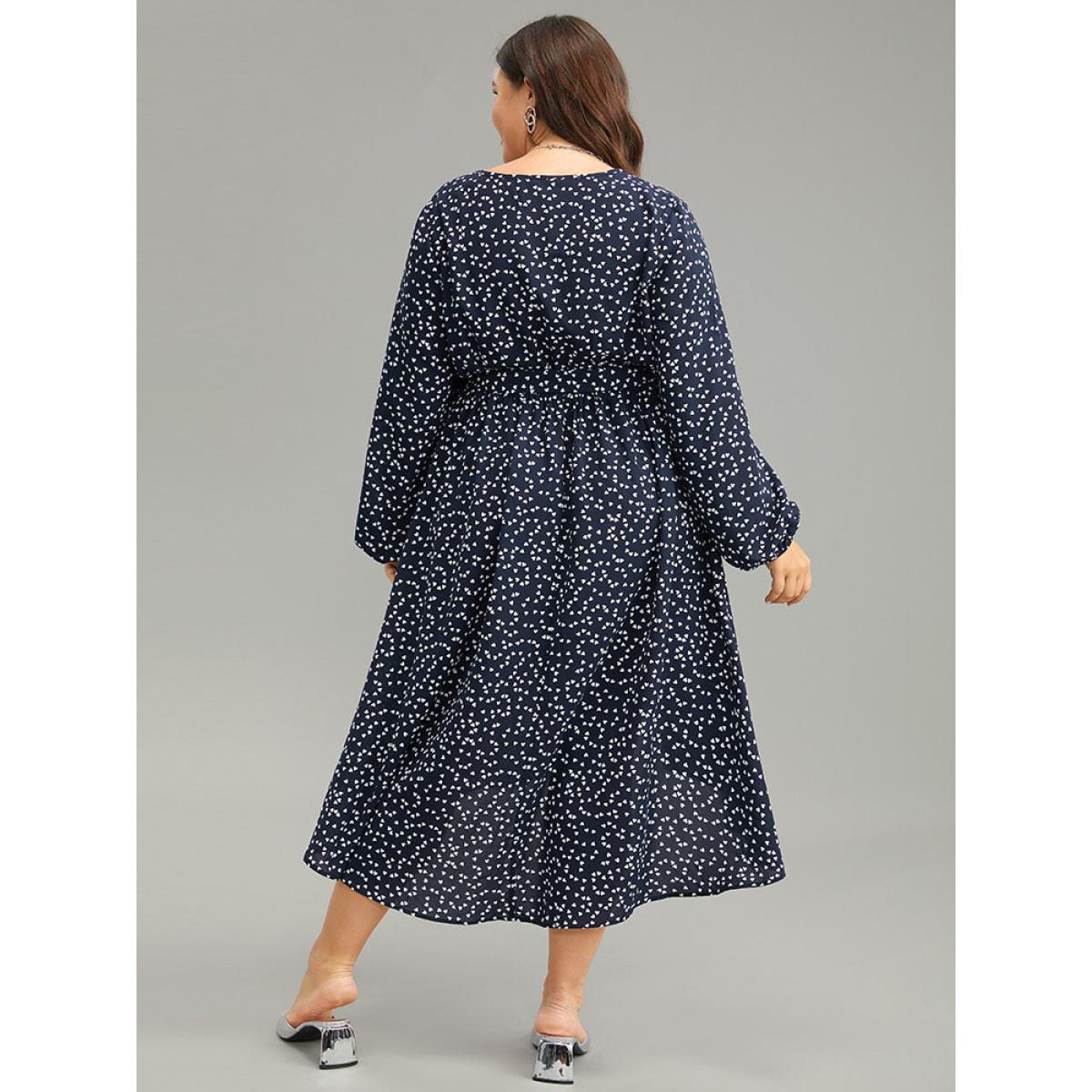Plus Size Heart Print Belted Surplice Neck Dress DarkBlue Women Elegant Elastic cuffs V-neck Long Sleeve Curvy Midi Dress BloomChic 30/6X Product Image